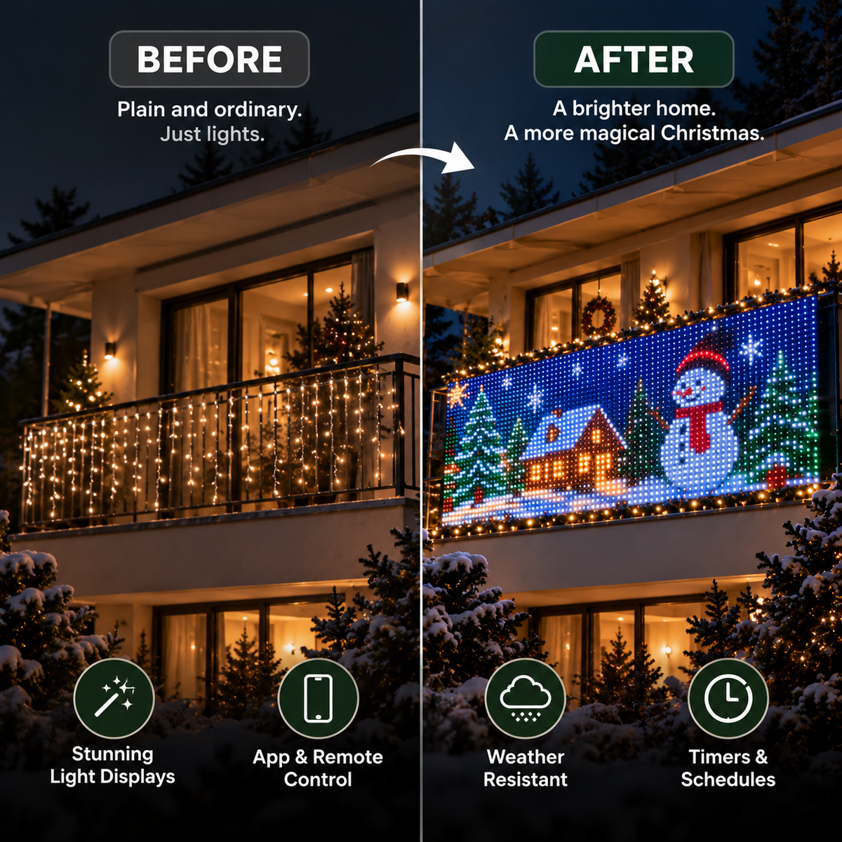 GlowCanvas Smart Christmas LED Pixel Curtain Lights | App-Controlled Colorful Animations & DIY Effects for Balcony, Window & Patio
