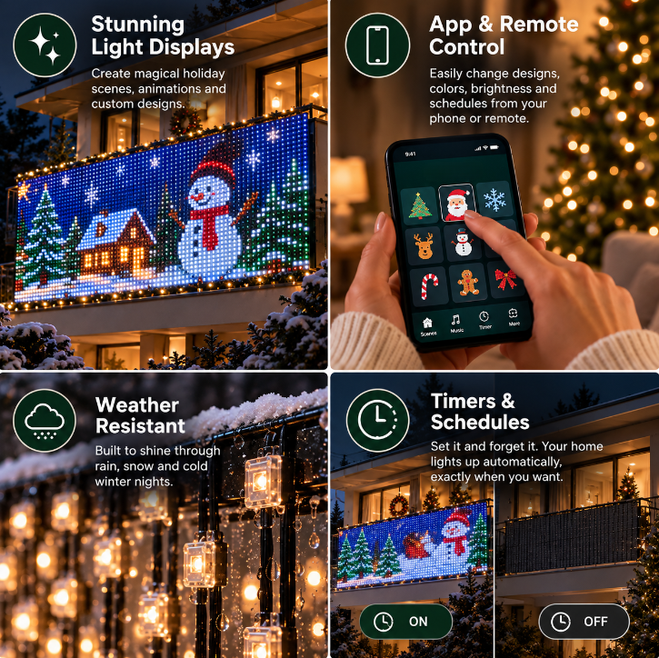GlowCanvas Smart Christmas LED Pixel Curtain Lights | App-Controlled Colorful Animations & DIY Effects for Balcony, Window & Patio