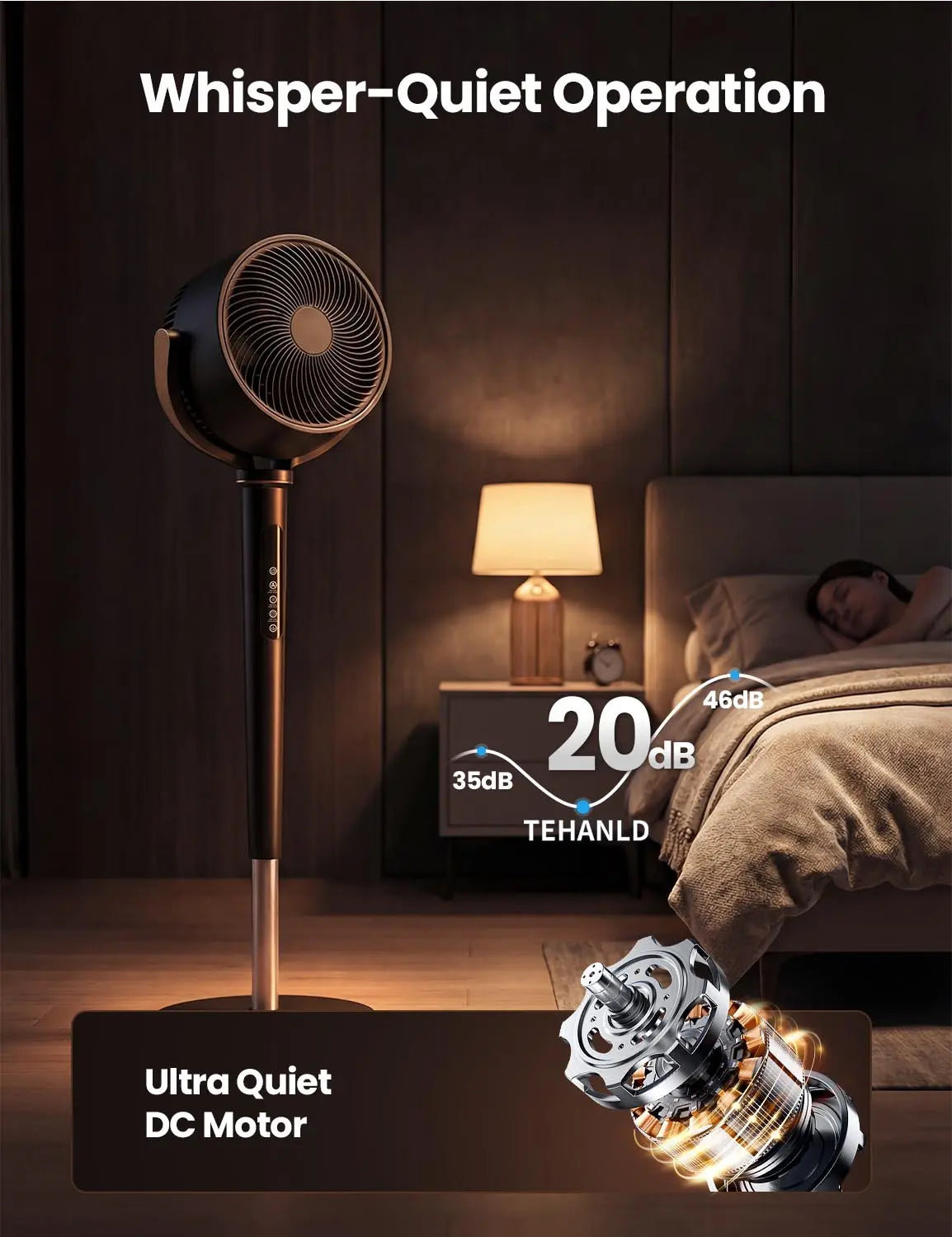 Fan for Bedroom, 120° Oscillating Standing Fan, DC Motor Quiet Floor Fan